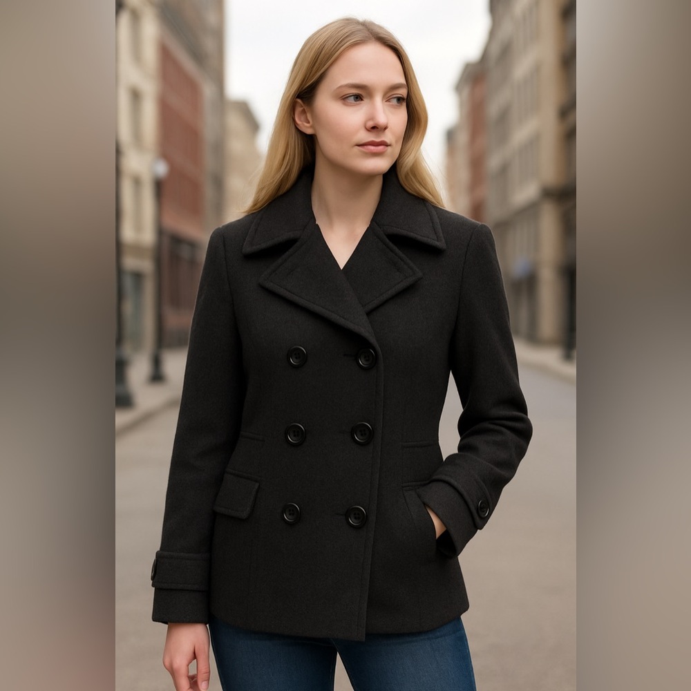 St. John's Bay Charcoal Double-Breasted Pea Coat S Party Cocktail Preppy Basic
